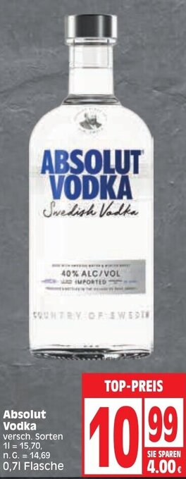 Edeka Absolut Vodka 0,7 L Flasche Angebot