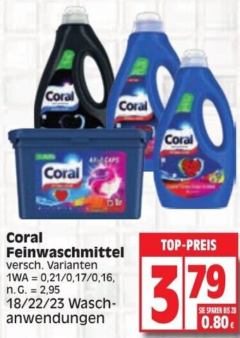 Edeka Coral Feinwaschmittel 18/22/23 Waschanwendungen Angebot