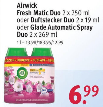 Rossmann Airwick Fresh Matic Duo 2 x 250 ml oder Duftstecker Duo 2 x 19 ml oder Glade Automatic Spray Duo 2 x 269 ml Angebot