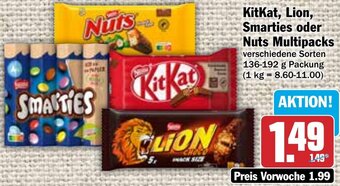 Hit KitKat, Lion, Smarties oder Nuts Multipacks 136-192 g Packung Angebot