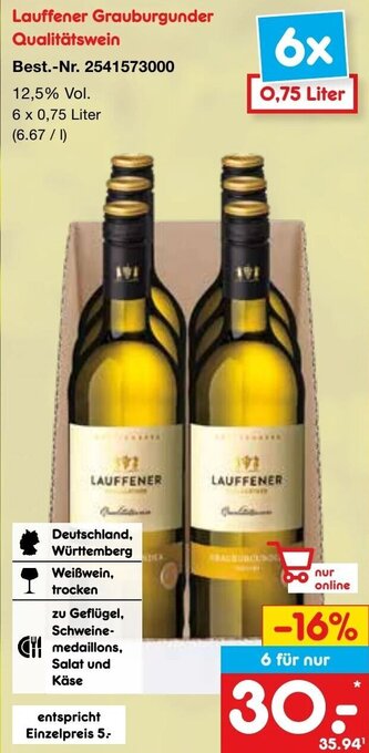 Netto Marken-Discount Lauffener Grauburgunder Qualitätswein 6 x 0,75 Liter Angebot
