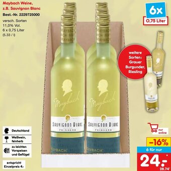 Netto Marken-Discount Maybach Weine, z.B. Sauvignon Blanc 6 x 0,75 Liter Angebot