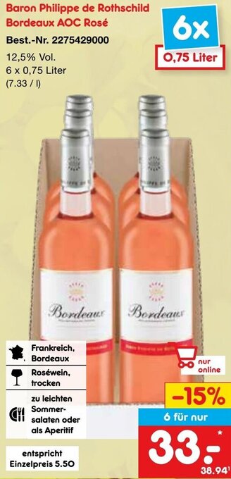 Netto Marken-Discount Baron Philippe de Rothschild Bordeaux AOC Rosé 6 x 0,75 Liter Angebot