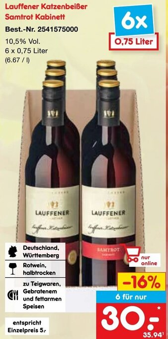 Netto Marken-Discount Lauffener Katzenbeißer Samtrot Kabinett 6 x 0,75 Liter Angebot