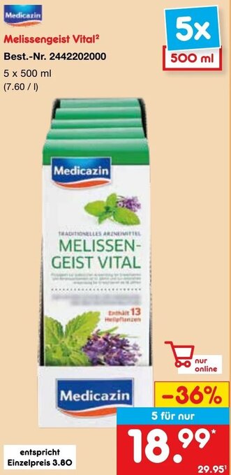 Netto Marken-Discount Medicazin Melissengeist Vital 5 x 500 ml Angebot