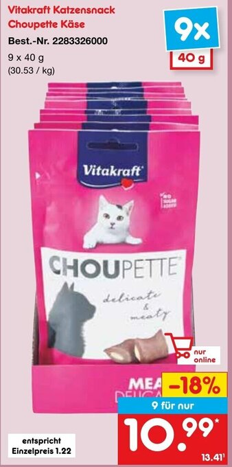 Netto Marken-Discount Vitakraft Katzensnack Choupette Käse 9x40 g Angebot