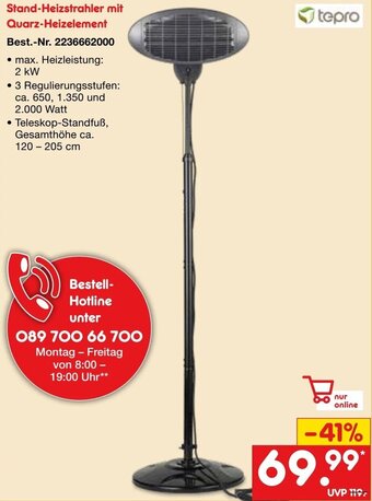 Netto Marken-Discount tepro Stand-Heizstrahler mit Quarz-Heizelement Angebot