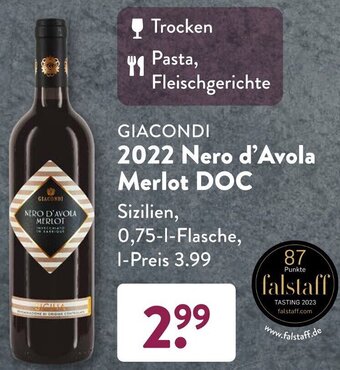 Aldi Süd GIACONDI 2022 Nero d'Avola Merlot DOC 0,75 L Flasche Angebot