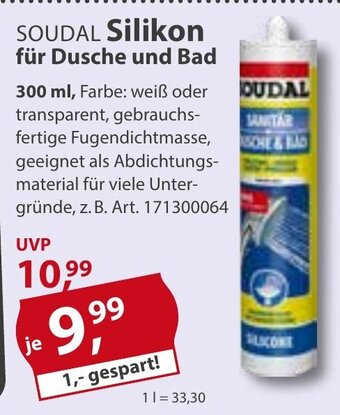 Sonderpreis Baumarkt SOUDAL Silikon für Dusche und Bad 300 ml, Farbe: weiß oder transparent Angebot