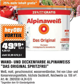 OBI WAND- UND DECKENFARBE ALPINAWEISS DAS ORIGINAL SPRITZFREI Angebot