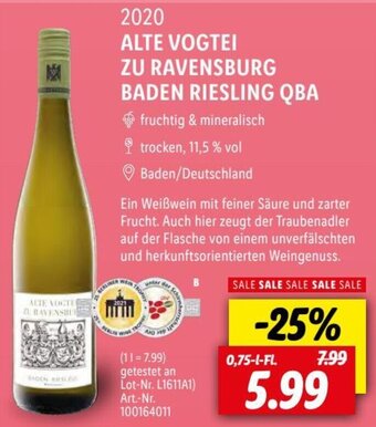 Lidl 2020 ALTE VOGTEI ZU RAVENSBURG BADEN RIESLING QBA 0,75 L-Fl. Angebot