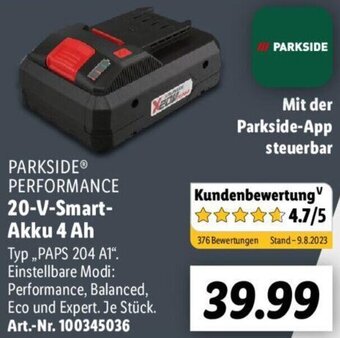 Lidl PARKSIDE PERFORMANCE 20-V-Smart-Akku 4 Ah PAPS 204 A1 Angebot