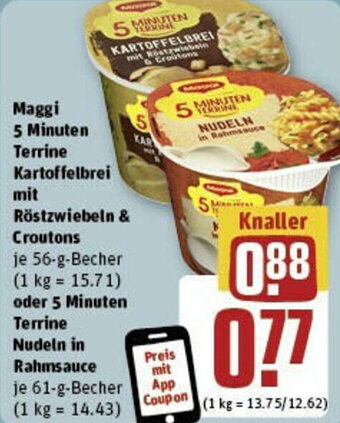 REWE Maggi 5 Minuten Terrine Kartoffelbrei mit Röstzwiebeln & Croutons 56-g-Becher  oder 5 Minuten Terrine Nudeln in Rahmsauce Angebot