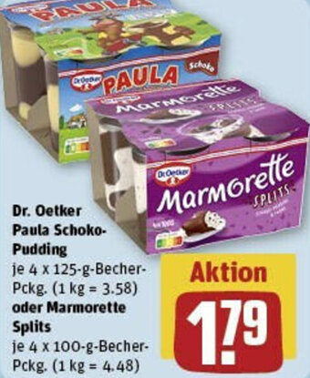 REWE Dr. Oetker Paula Schoko-Pudding 4x125 g oder Marmorette Splits 4x100 g Becher Pckg. Angebot