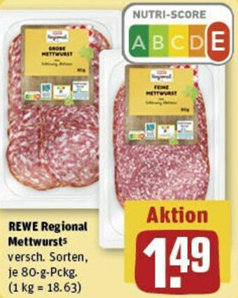 REWE REWE Regional Mettwurst 80 g Pckg. Angebot