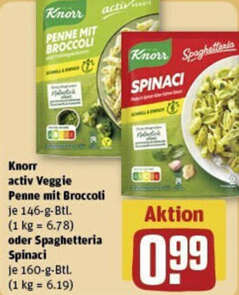 REWE Knorr activ Veggie Penne mit Broccoli 146-g-Btl. oder Spaghetteria Spinaci 160 g Btl. Angebot