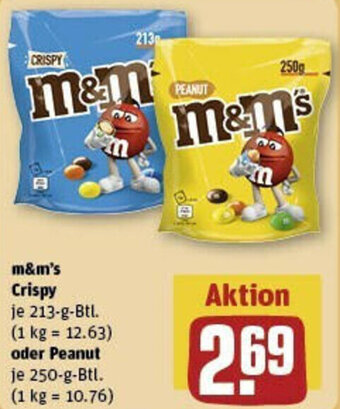 REWE m&m's Crispy 213-g-Btl. oder Peanut 250-g-Btl. Angebot