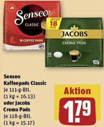 REWE Senseo Kaffeepads Classic 111-g-Btl. oder Jacobs Crema Pads 118 g Btl. Angebot