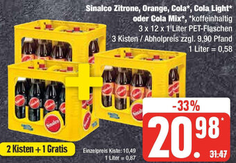 Edeka Sinalco Zitrone, Orange, Cola, Cola Light oder Cola Mix 3 x 12 x 1 Liter PET-Flaschen Angebot