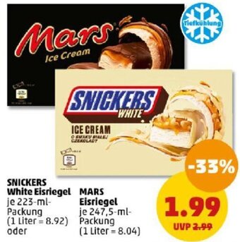 PENNY SNICKERS White Eisriegel 223-ml oder MARS Eisriegel 247,5-ml-Packung Angebot