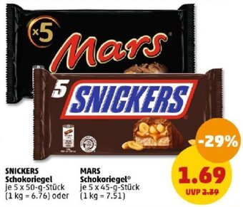 PENNY SNICKERS Schokoriegel 5 x 50-g-Stück oder MARS Schokoriegel 5 x 45-g-Stück Angebot