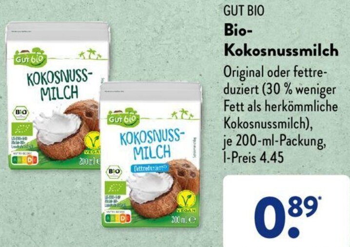 GUT BIO BioKokosnussmilch 200mlPackung Angebot bei Aldi Süd