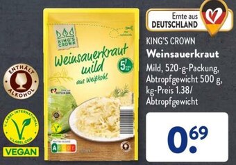 Aldi Süd KING'S CROWN Weinsauerkraut 520 g Packung Angebot