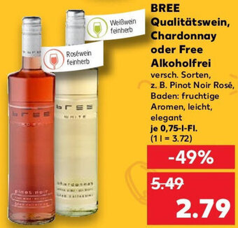 Kaufland BREE Qualitätswein, Chardonnay oder Free Alkoholfrei 0,75 L-Fl. Angebot