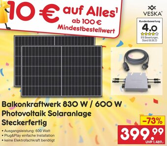 Netto Marken-Discount VESKA Balkonkraftwerk 830 W / 600 W Photovoltaik Solaranlage Steckerfertig Angebot