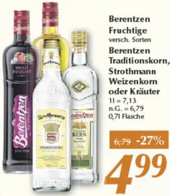 inkoop Berentzen Fruchtige, Berentzen Traditionskorn, Strothmann Weizenkorn oder Kräuter 0,7 L Flasche Angebot