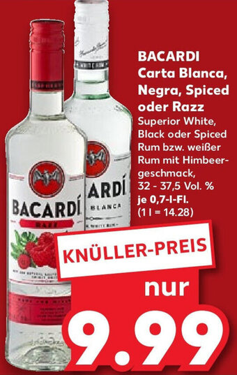 Kaufland BACARDI Carta Blanca, Negra, Spiced oder Razz 0,7 L-Fl. Angebot