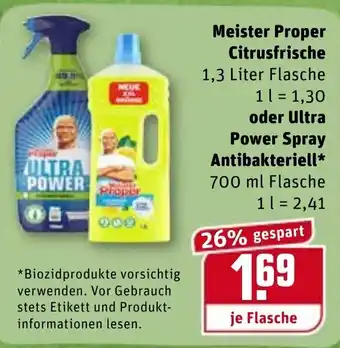 REWE Kaufpark Meister Proper Citrusfrische 1,3L oder Ultra Power Spray Antibakteriell 700ml Angebot