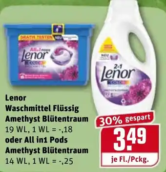 REWE Kaufpark Lenor Waschmittel Flüssig Amethyst Blütentraum oder All in 1 Pods Amethyst Blütentraum Angebot