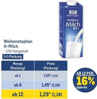 METRO Weihenstephan H-Milch 1 L Packung Angebot