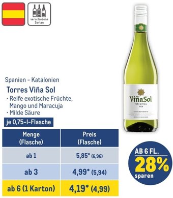 METRO Spanien - Katalonien Torres Viña Sol 0,75 L Flasche Angebot