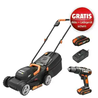 Bauhaus Worx powershare 20v maschinenpaket (akku-rasenmäher wg730e + akku-schlagbohrschrauber + 2ah akku gratis + ladegerät gratis) Angebot