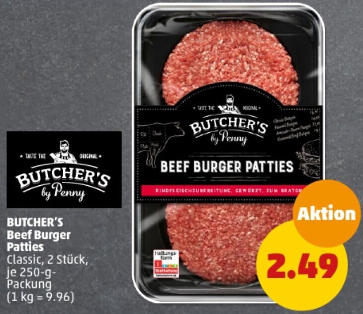 BUTCHER'S Beef Burger Patties 250 g Packung Angebot bei PENNY