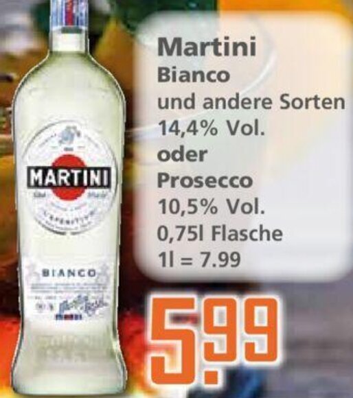 Martini Bianco oder Prosecco 0,75 L Flasche Angebot bei Klaas und Kock