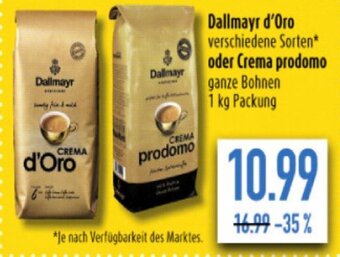 diska Dallmayr d'Oro verschiedene Sorten* oder Crema prodomo ganze Bohnen 1 kg Packung Angebot