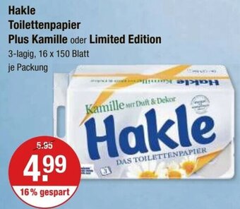 V Markt Hakle Toilettenpapier Plus Kamille oder Limited Edition 3-lagig, 16 x 150 Blatt Angebot