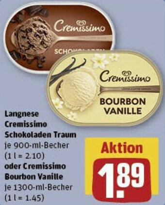 REWE Langnese Cremissimo Schokoladen Traum 900-ml-Becher oder Cremissimo Bourbon Vanille 1300-ml-Becher Angebot