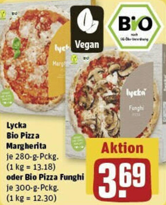 REWE Lycka Bio Pizza Margherita 280-g-Pckg. oder Bio Pizza Funghi 300 g Pckg. Angebot