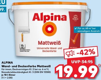 Kaufland ALPINA Wand und Deckenfarbe Mattweiß 10 L Eimer Angebot