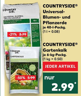 Kaufland COUNTRYSIDE Universal-Blumen- und Pflanzerde 40 l Packg, Gartenkalk 6 kg Packg. Angebot