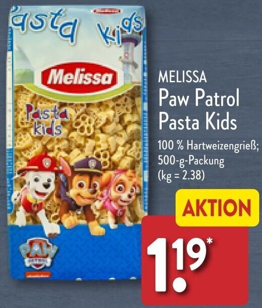 MELISSA Paw Patrol Pasta Kids 500 g Packung Angebot bei Aldi Nord