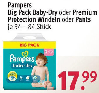 Rossmann Pampers Big Pack Baby-Dry oder Premium Protection Windeln oder Pants 34 -84 Stück Angebot