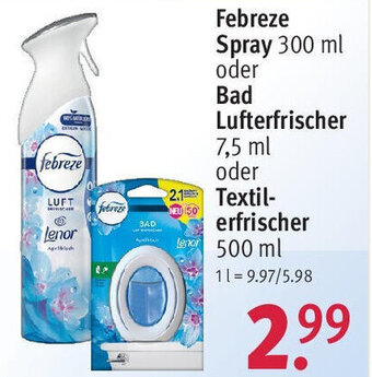 Rossmann Febreze Spray 300 ml oder Bad Lufterfrischer 7,5 ml oder Textil- erfrischer 500 ml Angebot