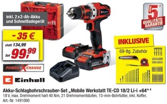 toom Baumarkt Einhell Akku-Schlagbohrschrauber-Set Mobile Werkstatt TE-CD 18/2 Li-i +64 Angebot