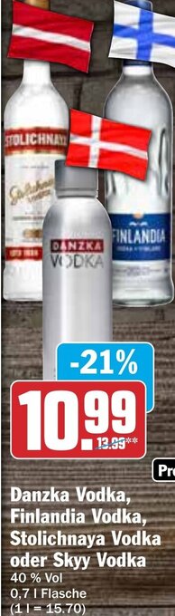 Hit Danzka Vodka, Finlandia Vodka, Stolichnaya Vodka oder Skyy Vodka 0,7 L Flasche Angebot