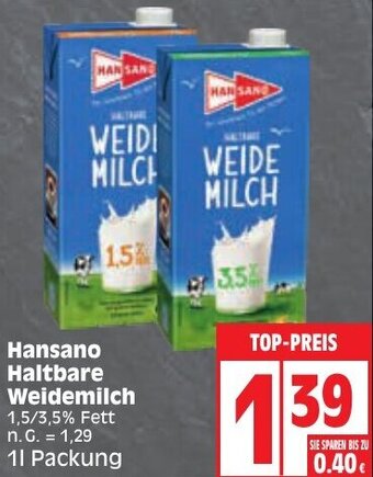 Edeka Hansano Haltbare Weidemilch 1 L Packung Angebot